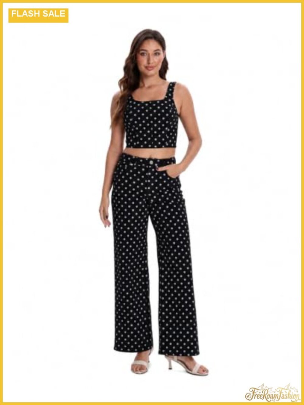 Womens Polka Dot 2 Piece Set Crop Tank Top Wide Leg Pants Square Neck